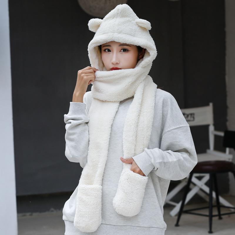 Hat Scarf Gloves Integrated Winter Fleece Cute Warm Plush Hat Thickened Ear Protection Neck Protection Cycling Neck Protection