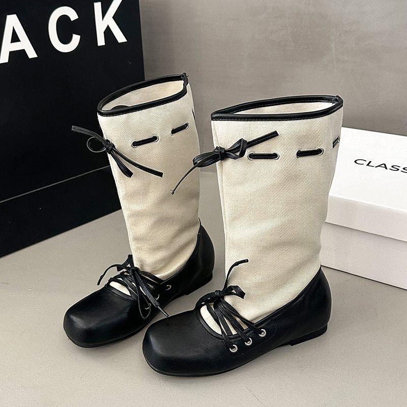 Round head women's inner height increase new wind thick-soled mid-tube boots straps autumn and winter mid-tube boots retro ballet