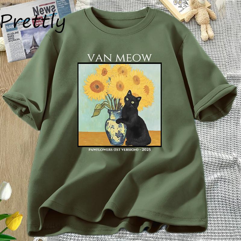Van Gogh Van Meow Cat Tshirt Funny Unisex Women Cats Lovers T Shirt Street Clothing Graphic Tees Womens Shortsleeved Tshirt