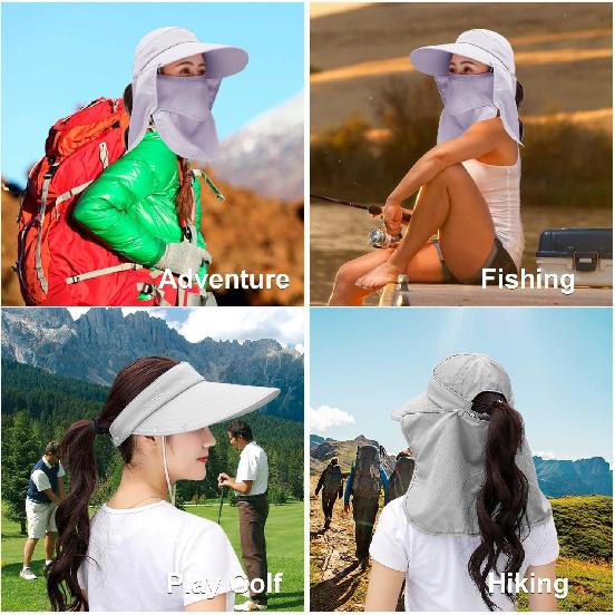 Women Wide Brim Face Mask Sun Hat Detachable Neck Face Flap Ponytail UV Protection Visor Hat Garden Fishing Hiking