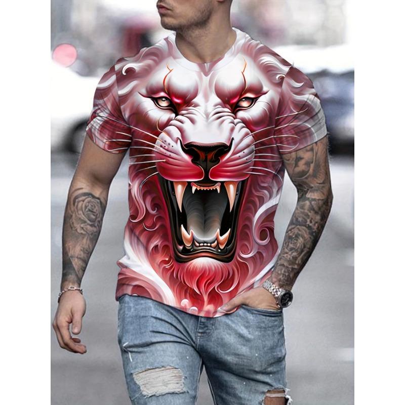 T-shirt da uomo con leone ruggente 3D Blu Freddo Grafica Re Animale Stampata Manica Corta Casual Girocollo Pullover Streetwear Punk Tee Top Abbigliamento da Uomo