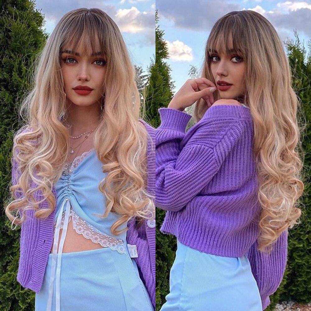 EASIHAIR Long Wavy Synthetic Wigs Blonde Ombre Hair Wig with Bangs for Women with Bangs Cosplay Daily Wig Heat Resistant