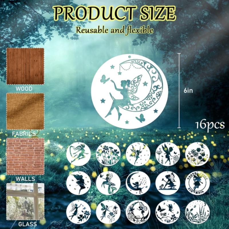 DIY 16 Pcs Fairy Stencils Templates for Painting,Scrapbooking on Wood,Glass,Canvas. Flower, Moon&Tooth Fairy Wildflower Designs