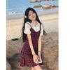 Fake Two-piece Bubble Sleeve Plaid Suspender Dress Women's Summer Niche Design High-end Temperament Waist Short Skirt