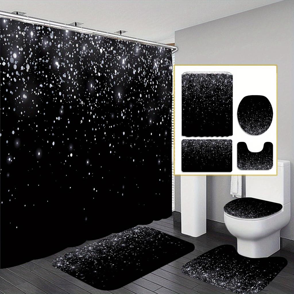4pcs Black Starlight Shower Curtain Gift Modern Home Bathroom Decoration Curtain and Toilet Floor Mat 3-piece Set with 12 Shower Curtain Hooks
