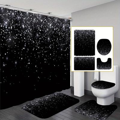 4pcs Black Starlight Shower Curtain Gift Modern Home Bathroom Decoration Curtain and Toilet Floor Mat 3-piece Set with 12 Shower Curtain Hooks