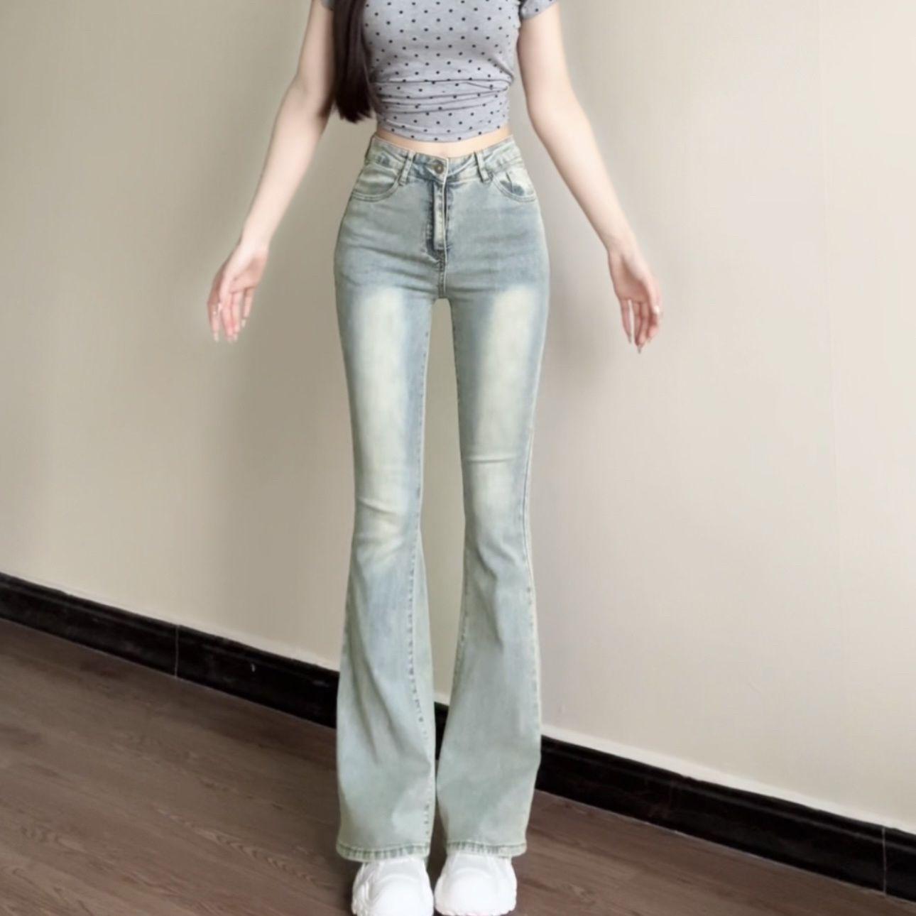 

Женские ретро джинсы клёш цвета охры для повседневной носки - Весна и Осень, эластичная посадка M синий