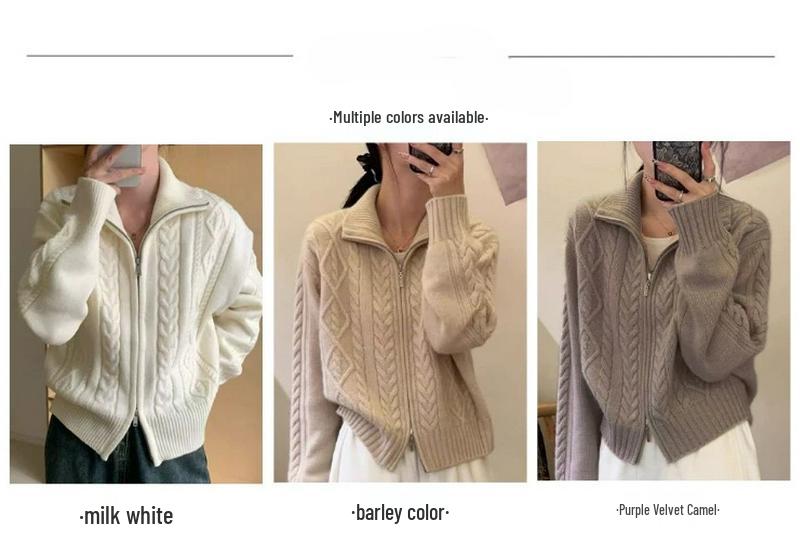 Women's High Neck Double Zipper Thick Knit Cardigan Sweater