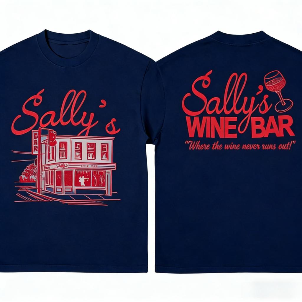 Summer Vintage Y2K Retro Sallys Wine Bar Tshirt for Men Women Fashion Hip Hop Short Sleeve Cotton Casual Top Streetwear Loose