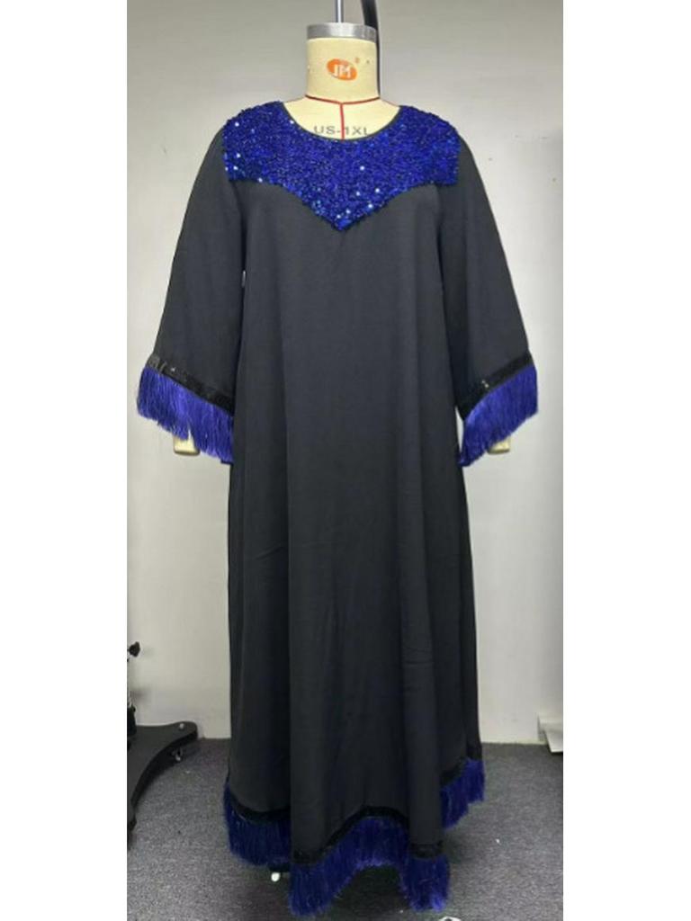 Plus Size Royal Blue Sequin Patchwork Tassel Cuff Islamic Style Long Dress