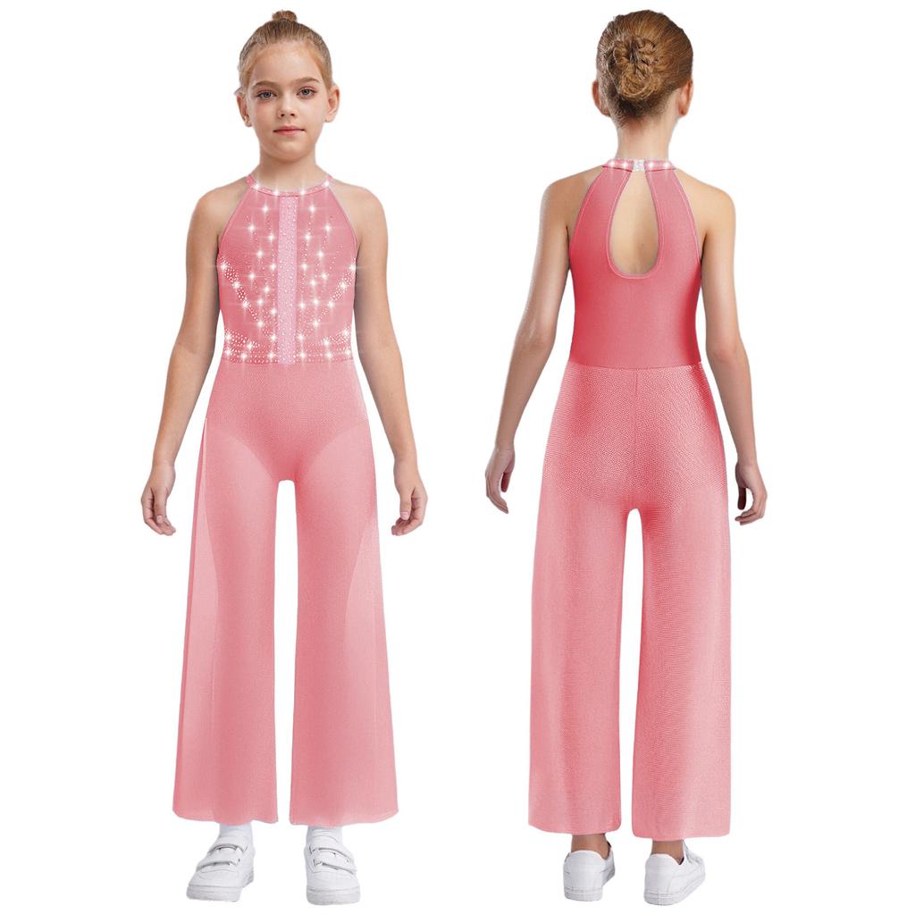 Girls Rhinestone Dance Bodysuit - Shimmery Sleeveless Jumpsuit with Keyhole Back & Side Splits, Built-in Briefs for Performances