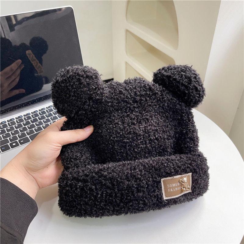 Winter cute cartoon plush hat bear ears wool hat female warm thickened ear protector knitted hat student