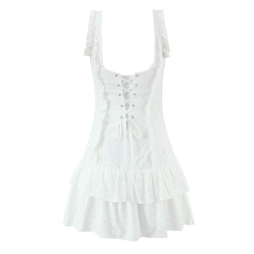 French Niche Sweet Lotus Leaf Edge Waist Thin Embroidery Sleeveless Mini Dress Women's Summer Pure Desire Suspender Short Skirt
