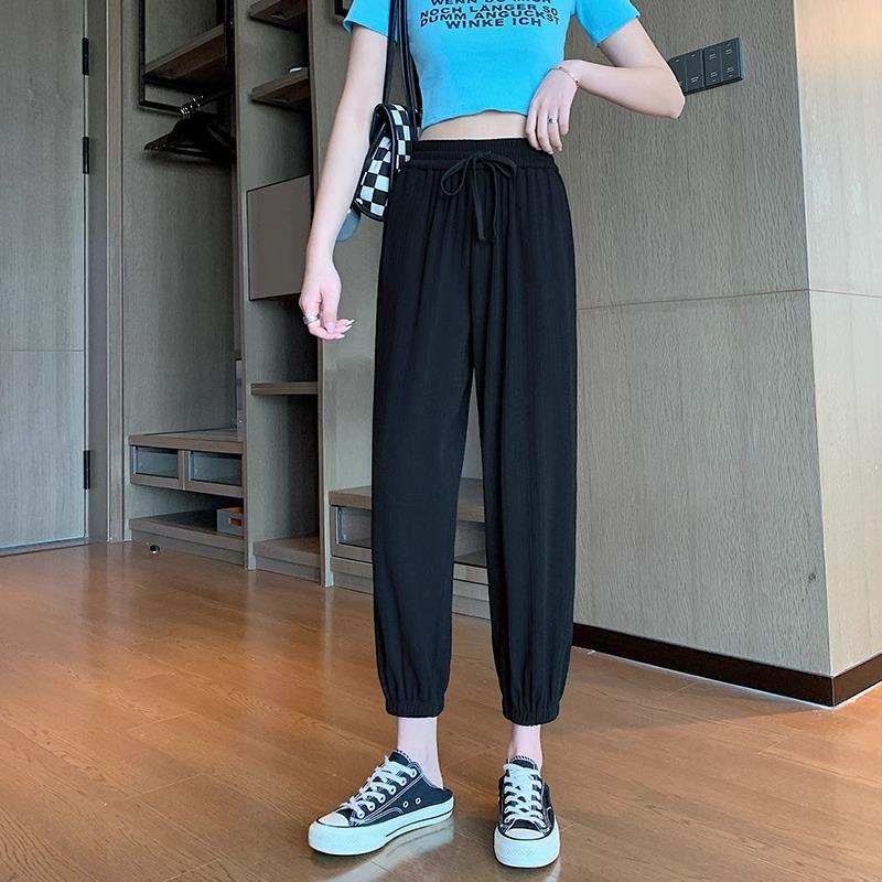 Petite Ice Silk Drawstring Sweatpants, Women's Summer Thin Lantern Style, Mosquito-Proof, Cuffed for Cool Comfort.