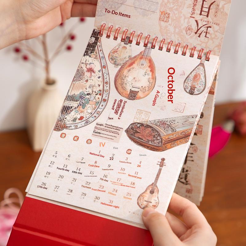 2026 Červený vyřezávaný kalendář Ražený vintage design Rok koně Stolní kalendář Čínský styl Suvenýr Velký kalendář