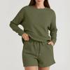 Women's Solid Color Textured Casual Set Long Sleeve Shorts Drawstring Two-Piece Set