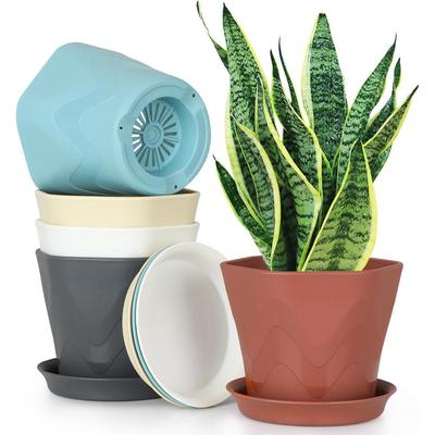 5.7Inch Plastic Flower Pots for Indoor Outdoor Planters with Drainage Tray Hexagon Design,Breathable Bottom,Lightweight for Balcony,Garden,Home