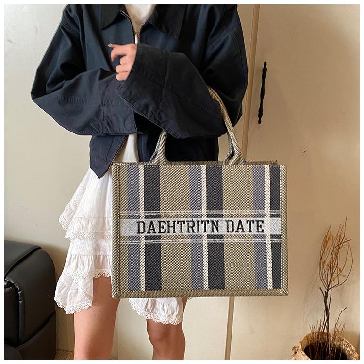 Women's Bag Cotton and Linen Large-capacity Portable Tote Bag New Fashion Embroidery Striped Color Contrast Hand Bag Women's Bag