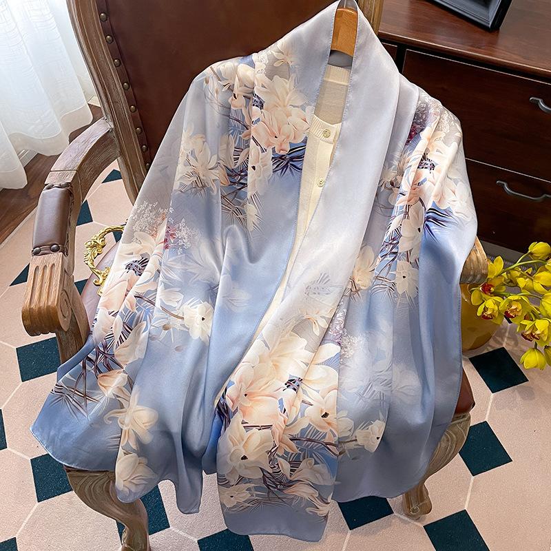 Luxury Brand 100% Real Silk Scarf Women Designer Shawls and Wraps Elegant Floral Print Pashmina Soft Long Scarves Femme Hijab