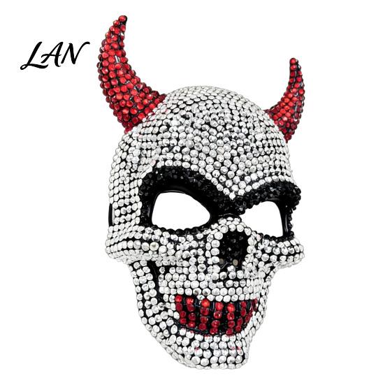 Unique Halloween Event Mask Rhinestone Mask, Sparkly Faux Crystal Demon Horn Masquerade Breathable Face Lightweight Full Cosplay Prop for Party