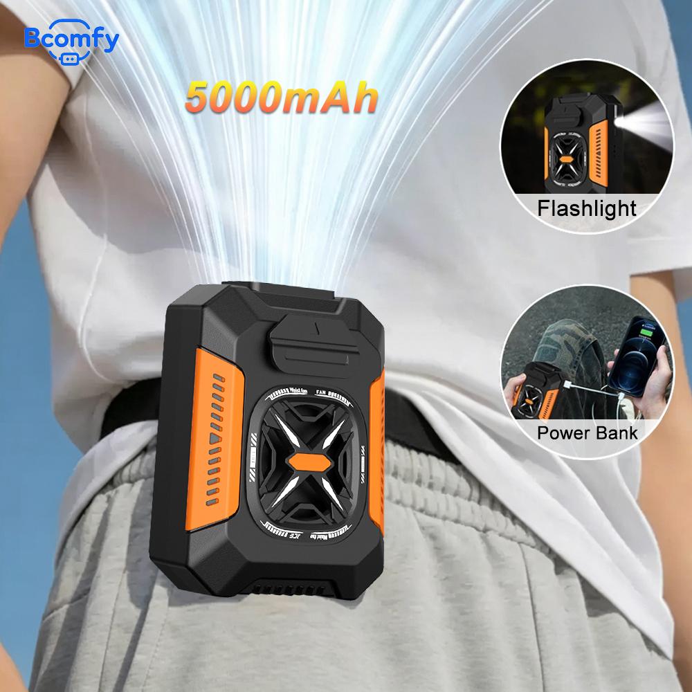 Waist Fan 5000mAh Mini Hanging Neck Fan 3 Gear Strong Wind Outdoor Waist Clip Fan Portable Air Cooler with Flashlight Power Bank