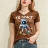 Cartoon Astronaut Pattern Print Women's T-shirts Fashion V-neck Short Sleeve Tees Casual Loose Tops Summer Trend Female Clothing