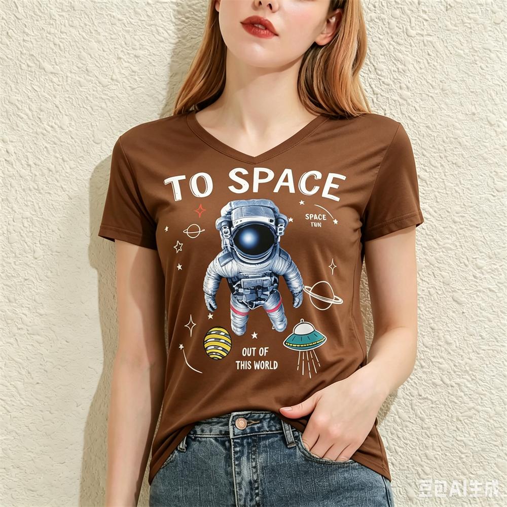 Cartoon Astronaut Pattern Print Women's T-shirts Fashion V-neck Short Sleeve Tees Casual Loose Tops Summer Trend Female Clothing