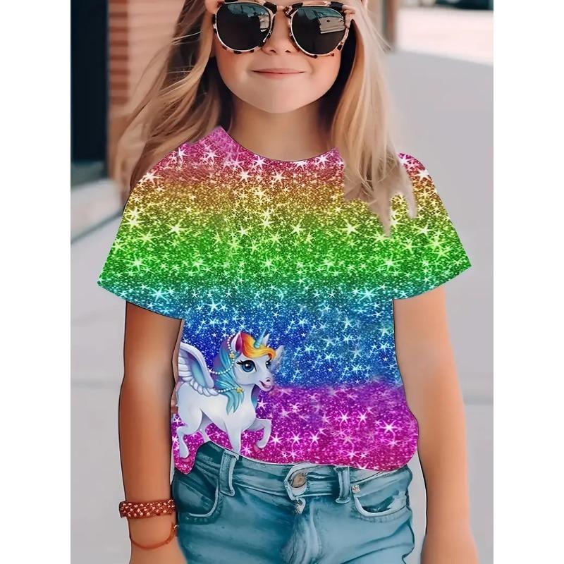 Barn t-shirts Westernstil Tecknad Sommar Kortärmad T-shirt Cool Regnbågstryckt Topp Trendskjorta