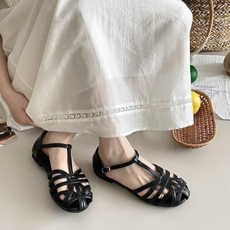 French summer new hollowed-out one-word strap Roman shoes flat-bottomed bag head sandals women's Mori women's niche design hollow