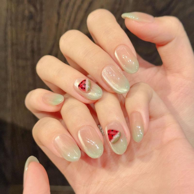 

Watermelon Elf Nude Blush Cat Eye Gradient Green Short Manicure Nails