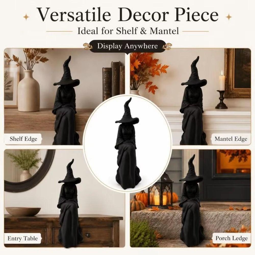 Black Faceless Witch Figurine Retro Spooky Bookshelf Ornament Sitting Witch Statue Home Decoration