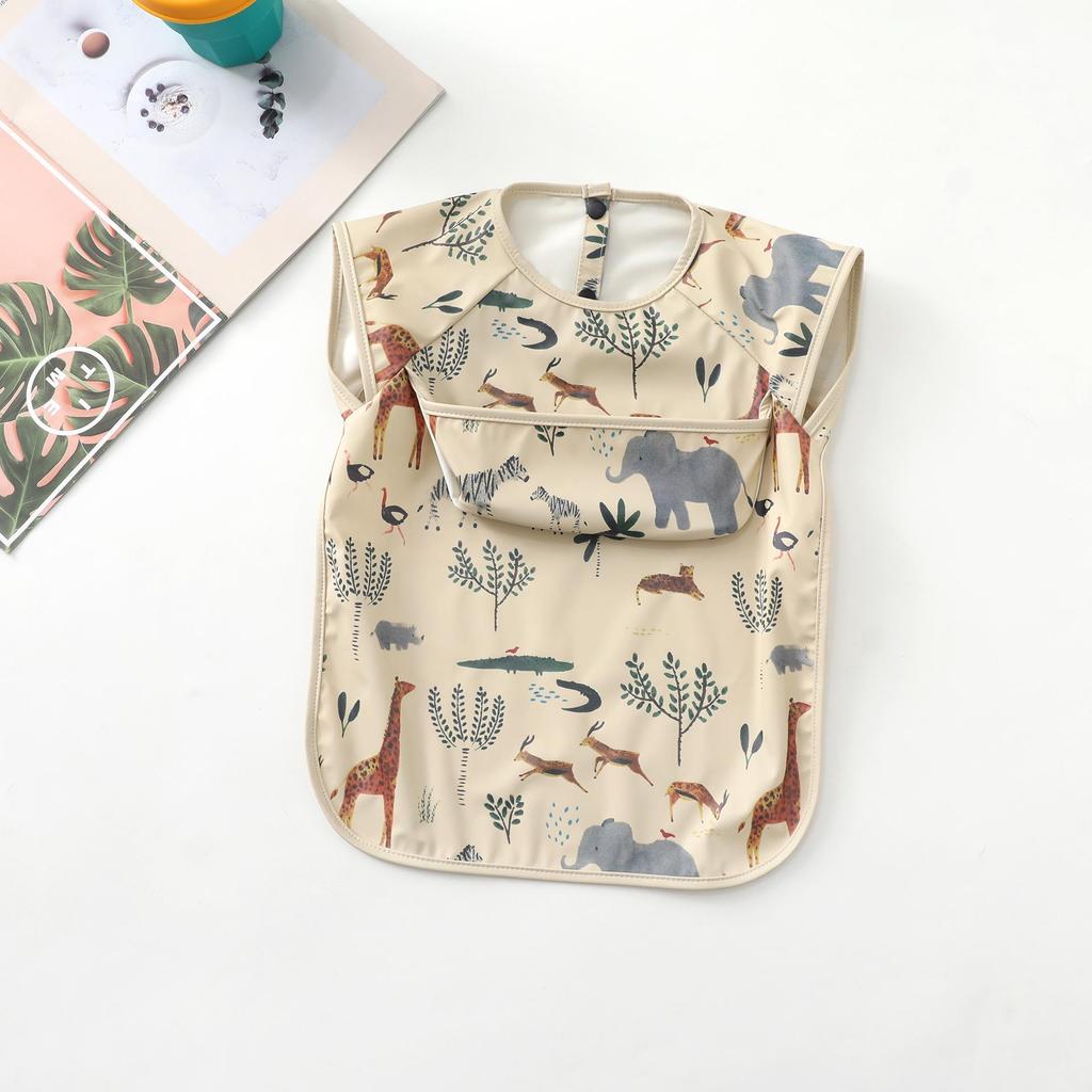 Reversible Waterproof PU Baby Feeding Shirt with Rice Pocket - Short Sleeves, Anti-Stain