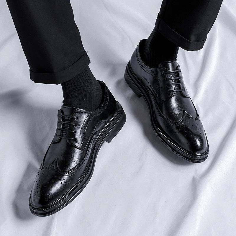 2023 Men's Black Leather Formal Shoes - Thick Sole Casual British Style for Business or Wedding