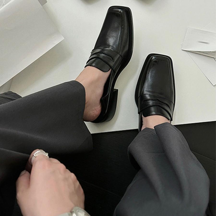 Rindslederversion~ Retro Britische schwarze kleine Lederschuhe mit eckiger Spitze, Damen-Pendler-Slipper mit Temperament, dickem Absatz und Einzeln-Schuhe