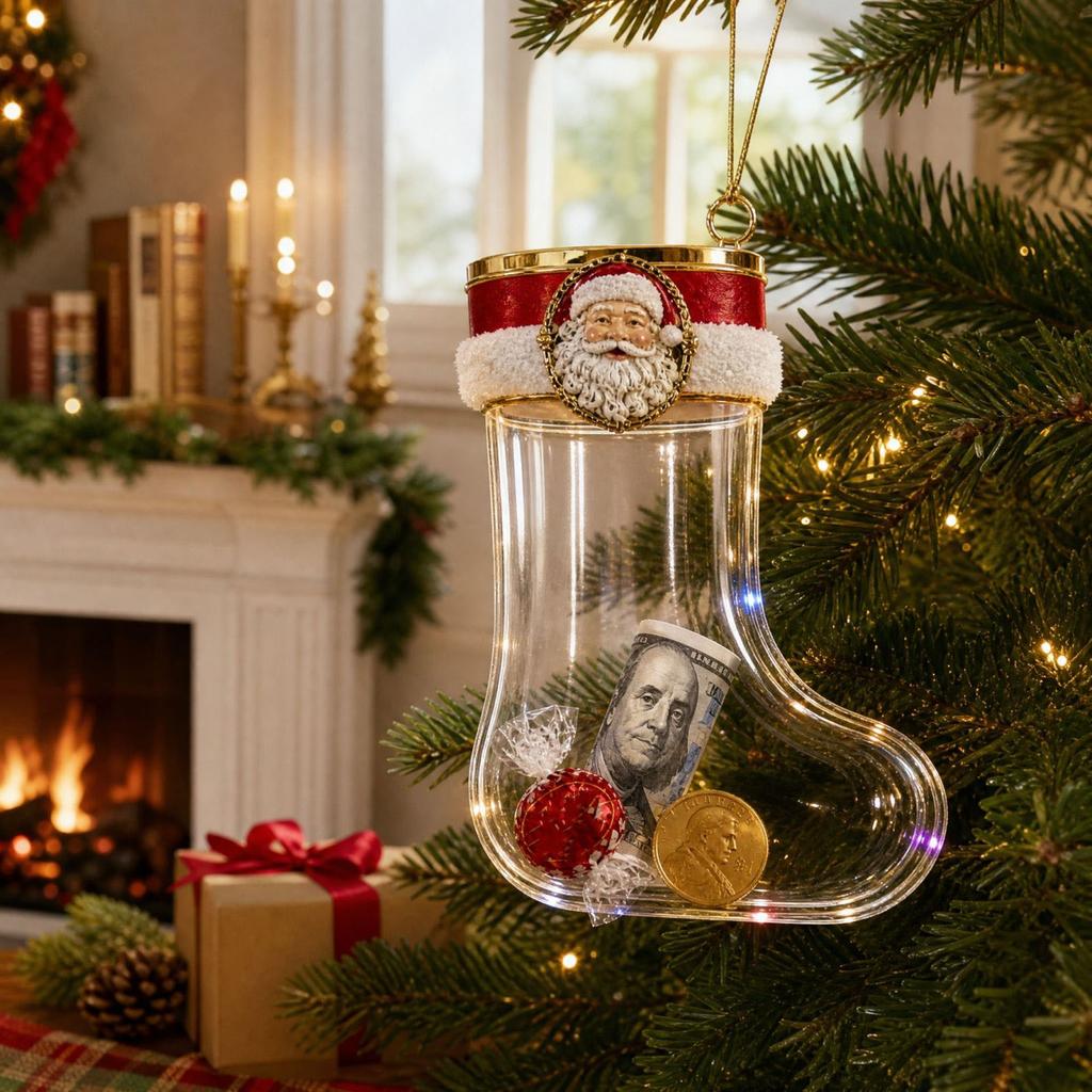 3D Transparent Fillable Christmas Stocking Ornament for Christmas Tree Hanging Decoration, Clear Candy Gift Holder