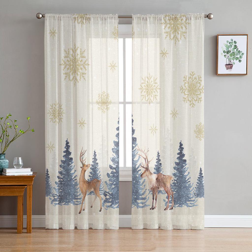 Deer In Autumn Misty Forest Sheer Curtains for Living Room Transparent Tulle Window Curtain Bedroom Kitchen Decor Veil Drapes