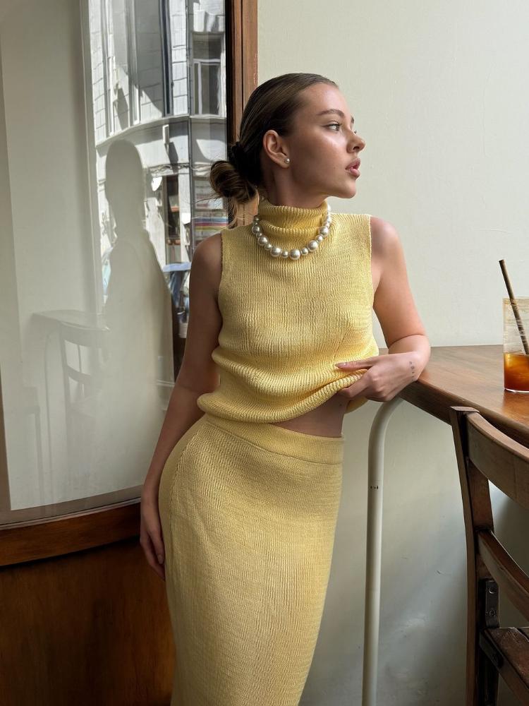 

Дизайнерская мода тонкий комплект из 2 предметов женский французский элегантный без рукавов однотонный трикотажный костюм винтажный шикарный эластичный пояс юбка костюм новый