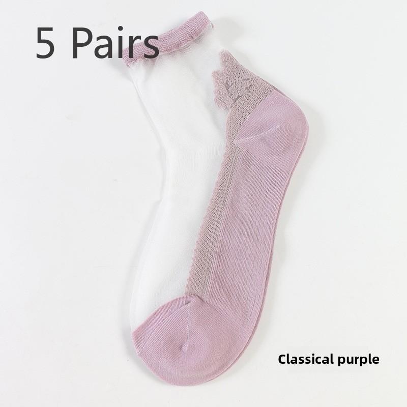 5 Pairs Fashion Breathable Glass Silk Women's Cotton Socks Crystal Stockings Comfortable Light Small Fresh