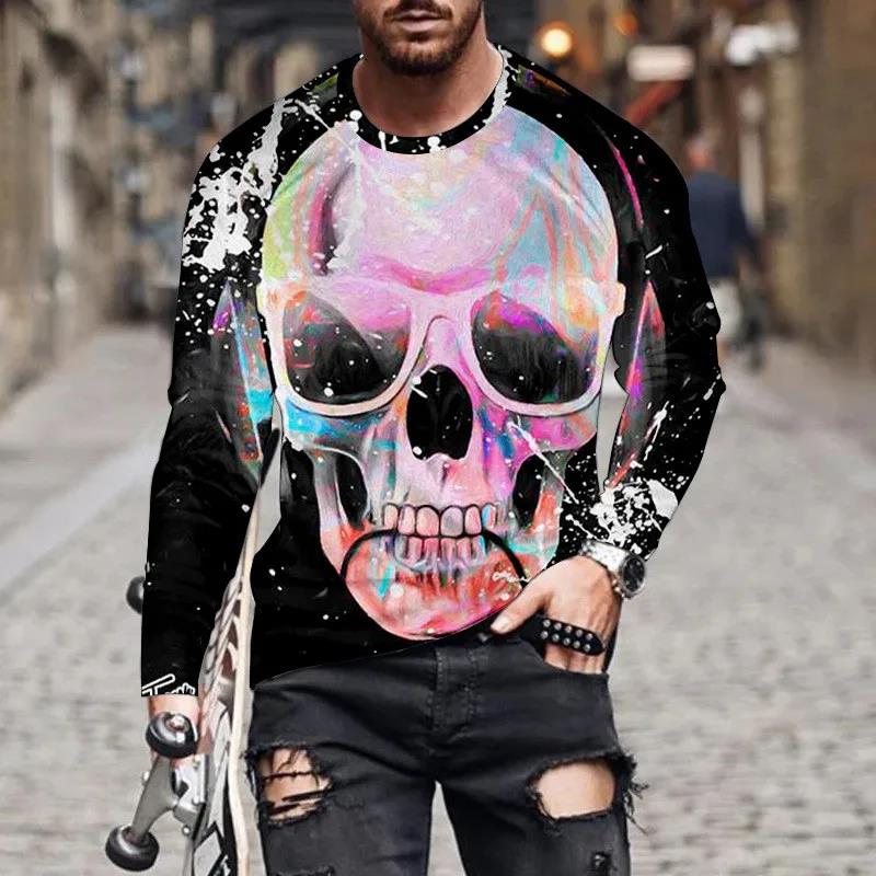 Fashion 3D Skull Print Long Sleeve T-shirts Hip Hop Trend Harajuku Men's T Shirt Casual O-neck Loose Tops Vintage Clothes