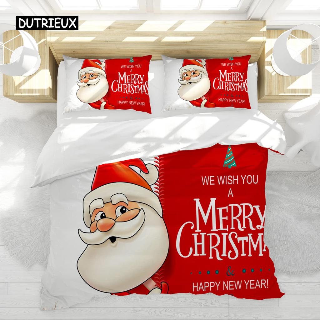Christmas Comforter Cover Kit, Snowman with Santa Hat In The Garden with A Gift Box and Candle Cartoon Image Sturdy Polyester Sleep Bedding Kit