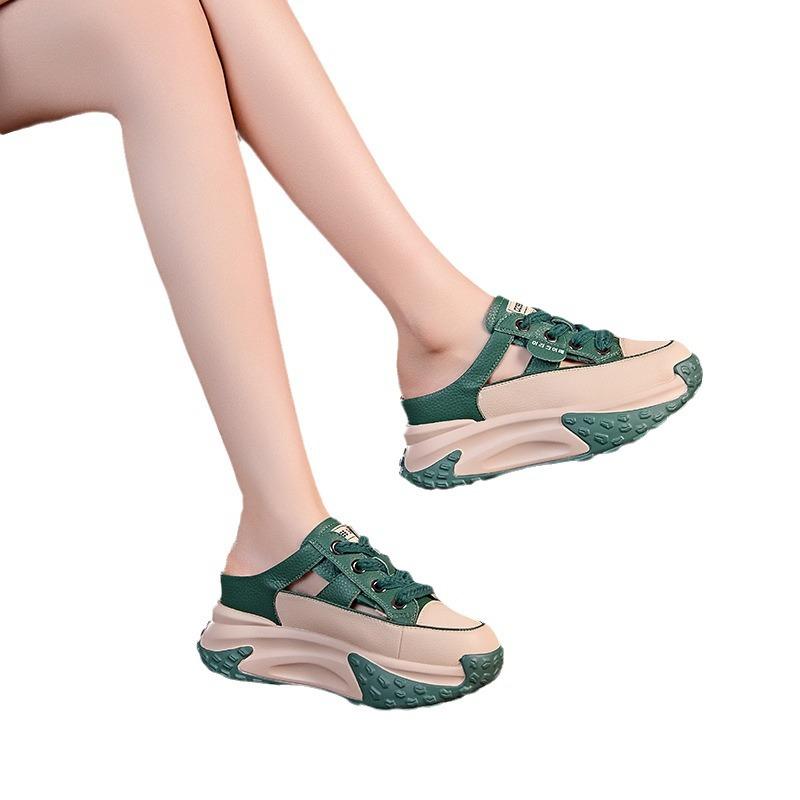 Baotou cool slippers women's outer wear 2025 summer new versatile thick-soled mesh hollowed out half-drag inner height-increasing casual shoes