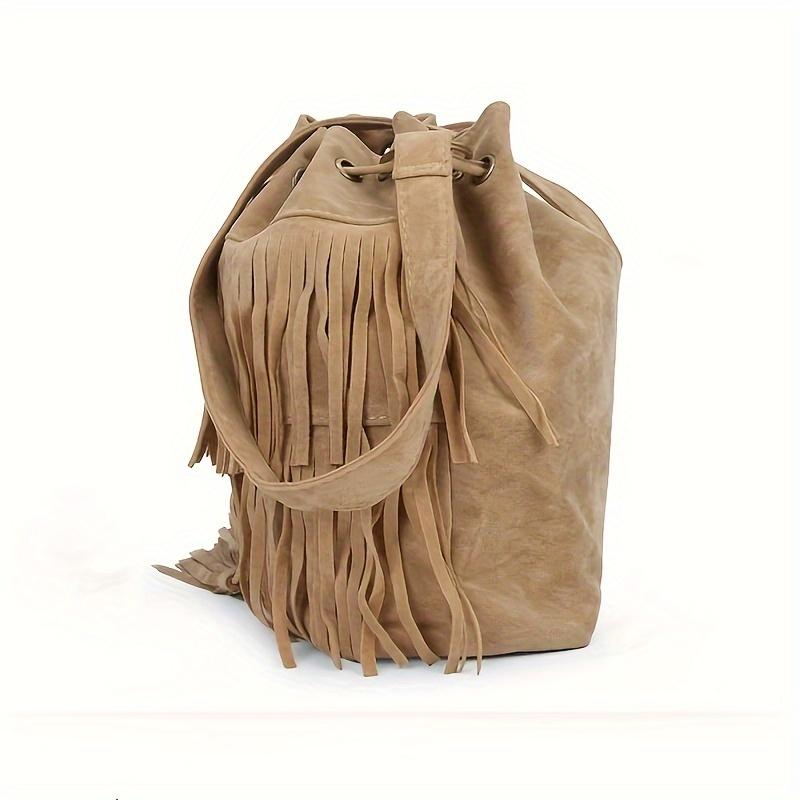Vintage-style Bucket Bag With Tassel, Drawstring Crossbody Bag, Simple Shoulder Bag For Travel And Daily Use