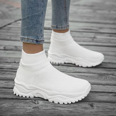 Women's Fashionable Off-White Mid-Top Socks Sneakers Easy To Put On and Take Off Mesh Thick-Soled Knitted Shoes Lightweight and