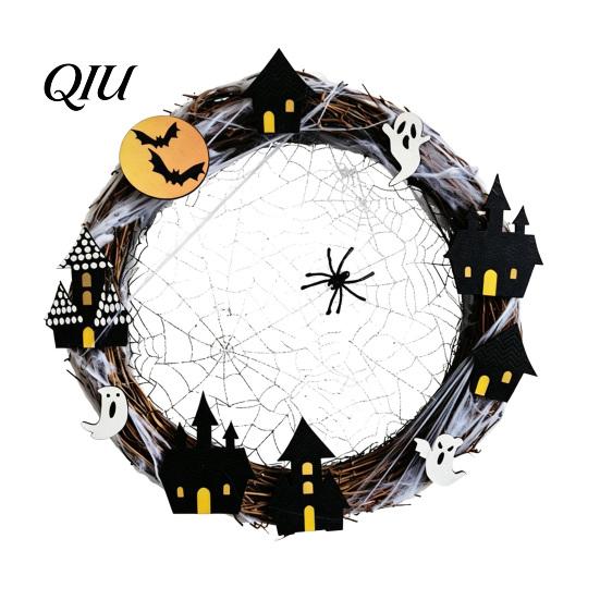 Window Hanging Wreath Halloween Spider Web Wreath, Spooky Vine Branch with Ghost Castle Horror Theme Party Supplies Bat for Front Door, Farmhouse,