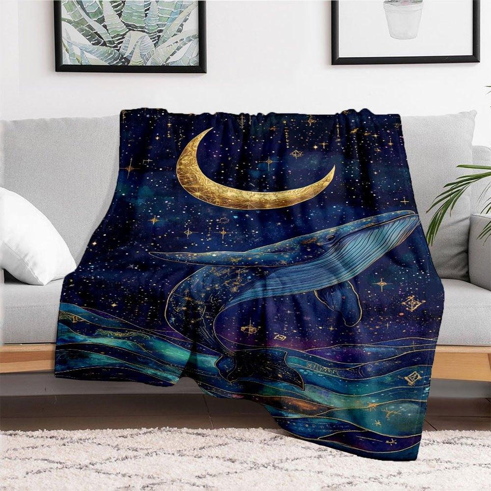 "Whale Moon Constellation Art Print - Celestial Ocean Decor"Blanket Flannel Throw Blanket for Sofa, Bed, Travel, Camping, Office, Couch, Cha