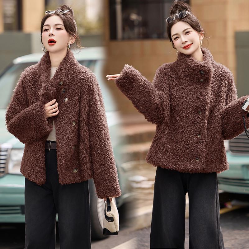 Women's Wool Fur-Trim Coat - Autumn/Winter, Casual Loose Fit, Stand-Up Collar, Single-Breasted (HE8835)