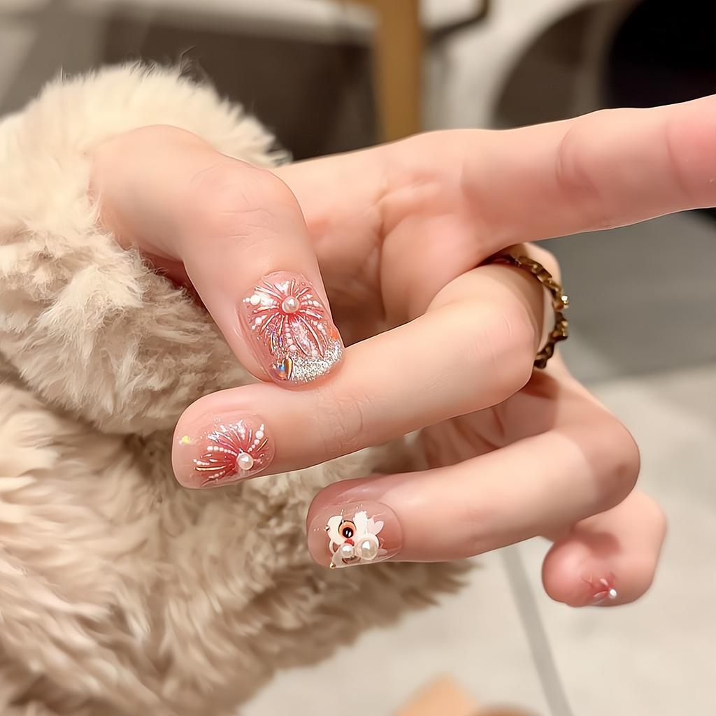 Press on Nails Artificial Acrylic Nails Glossy False Nails Full Cover Stick on Nails Square Fake Nails with Glitter Design Glue on Nails for Women