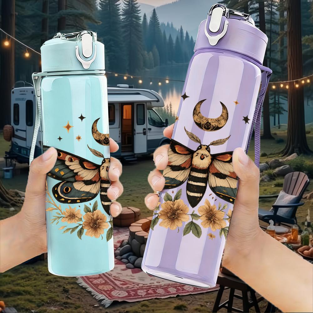 1PC Moth Sunflower Botanical Motif 750ml Color Plastic Sports Water Bottle Leakproof Flip Straw Lid For Sports Office Home Use