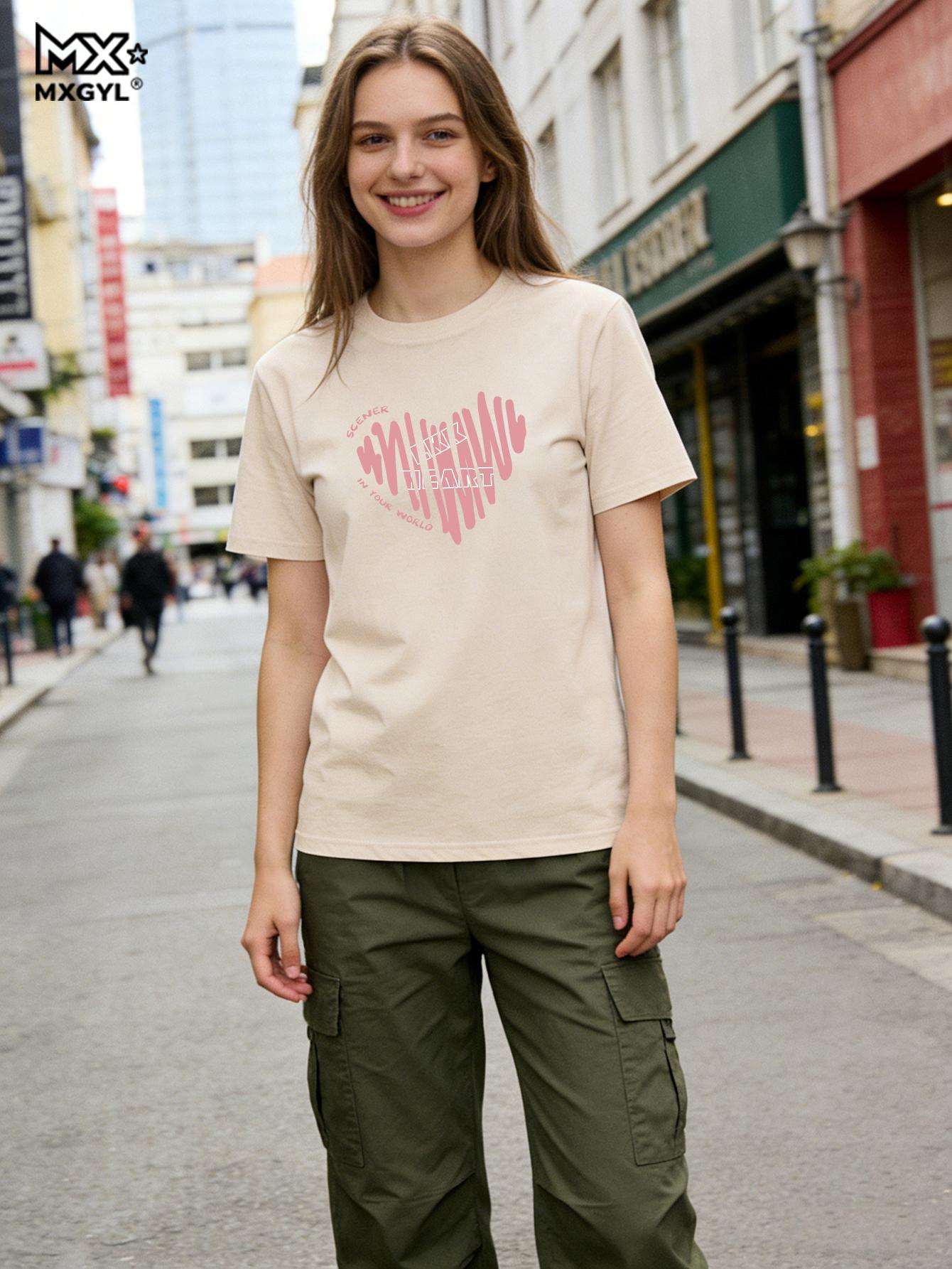 

Summer Fashion Printing Love T-shirt Women Classic Short Sleeve Korean Casual All-match O-collar Loose Lady Top 2026 5xl бежевий
