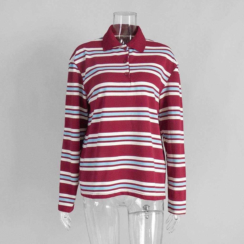 Women's Spring Summer Long Sleeve Striped Polo T-Shirt, Loose Retro Trendy Casual Top for Women